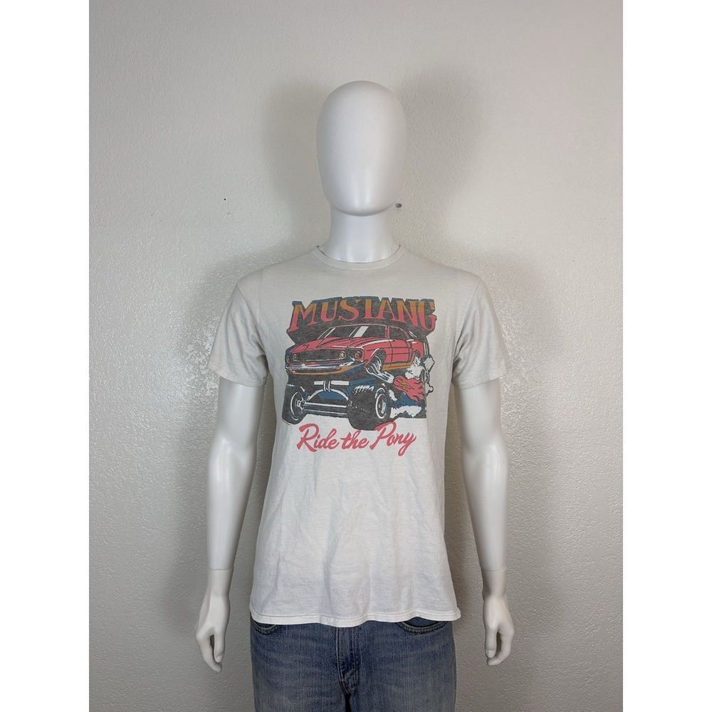 Vintage-Style Mustang "Ride the Pony" Graphic T Junk Food Tees Size Small White